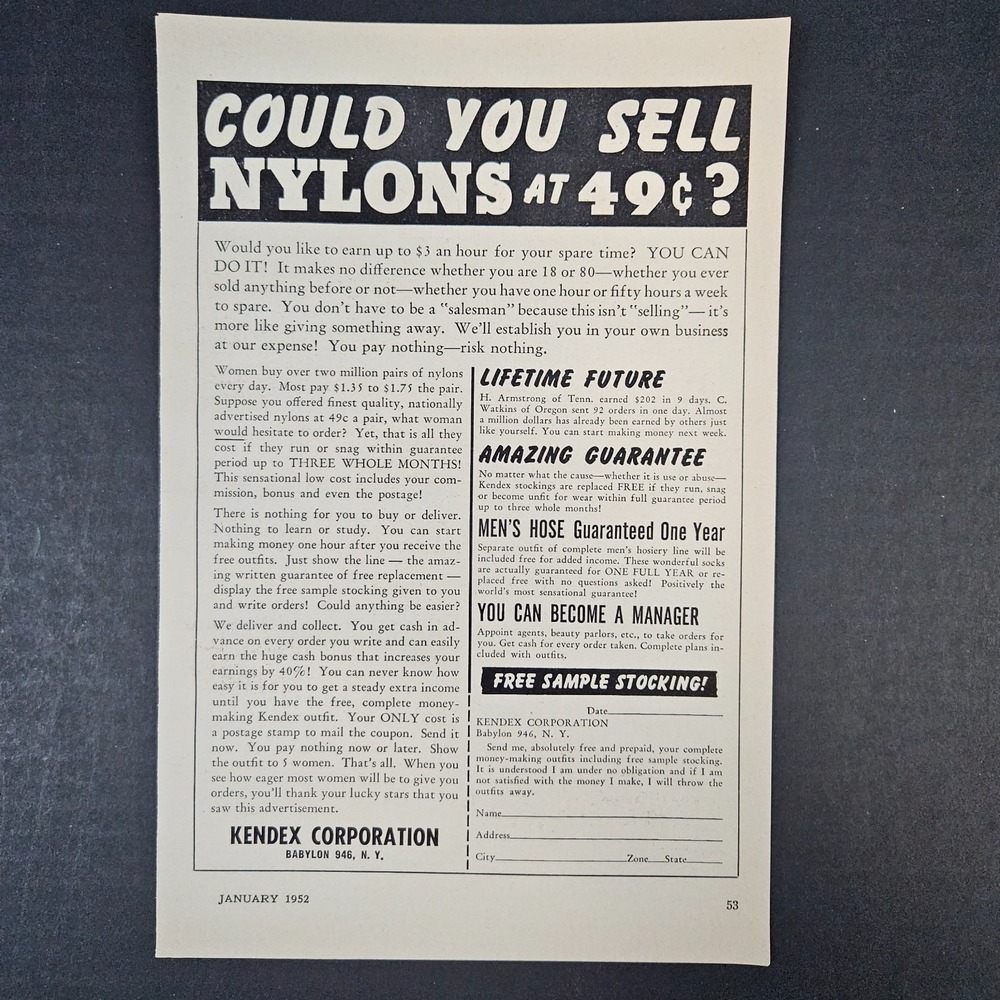 1952 Kendex Corporation Sell Nylon Stockings Hose Vintage Print Ad Babylon NY‎